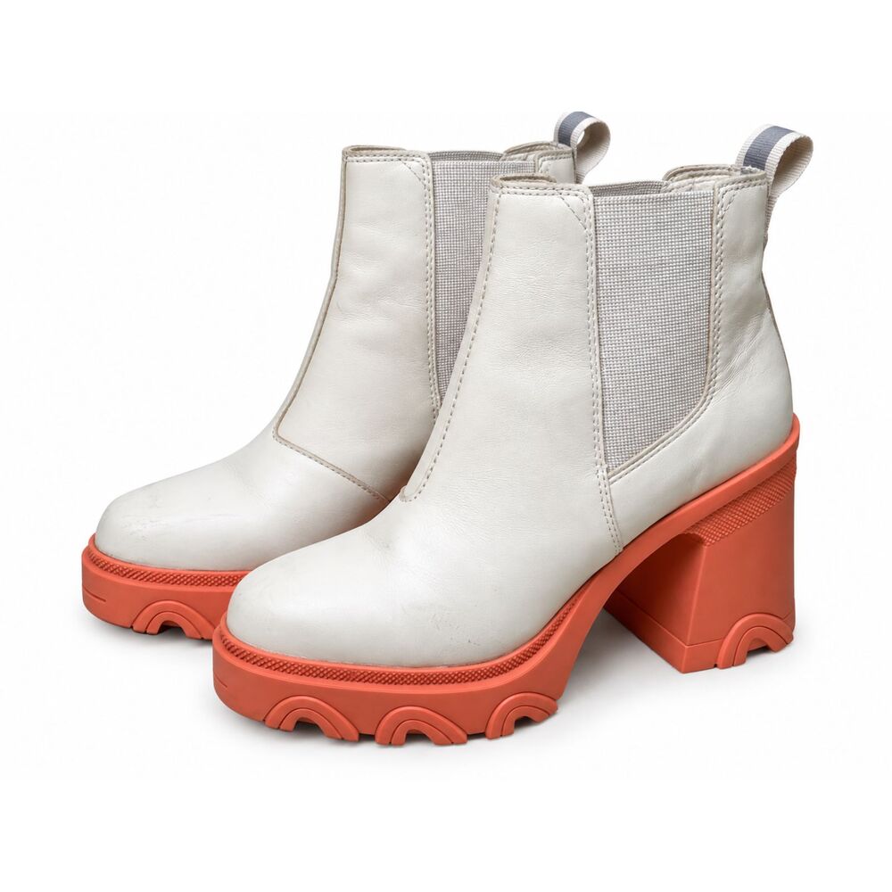 Sorel Brex Heel Chelsea Boots Waterproof Leather Chalk Warm Coral Platform 9